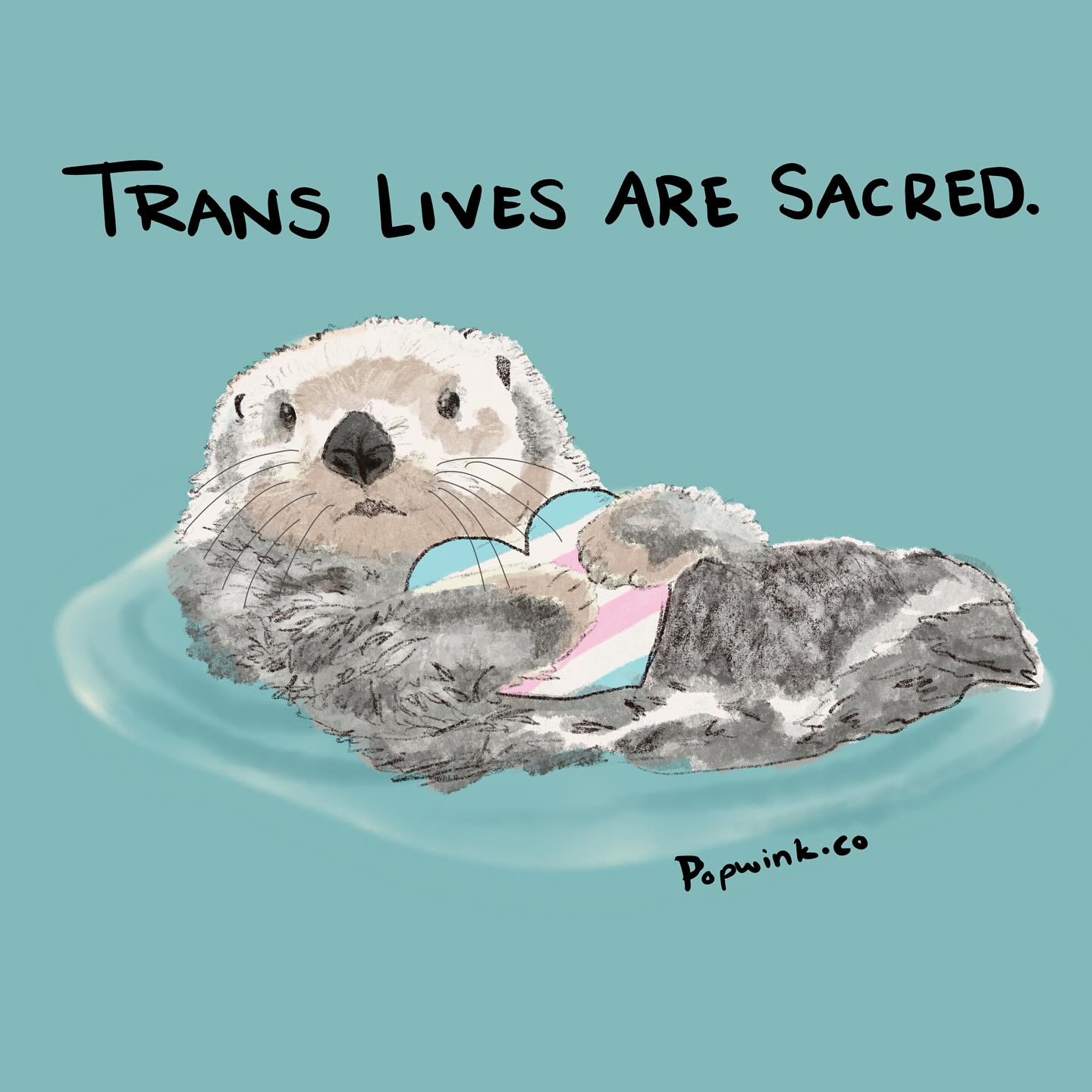 Trans Lives Are Sacred 8x8 inch print, cute Sea Otter, trans flag, affirming art