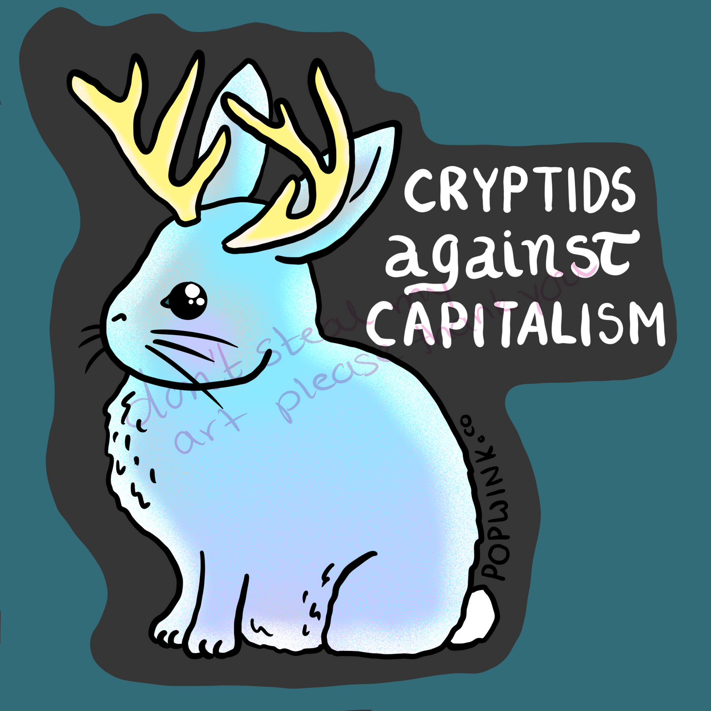 Cryptids Against Capitalism Blue Rabbit Bunny Jackalope Mythical Cute Chibi Sticker