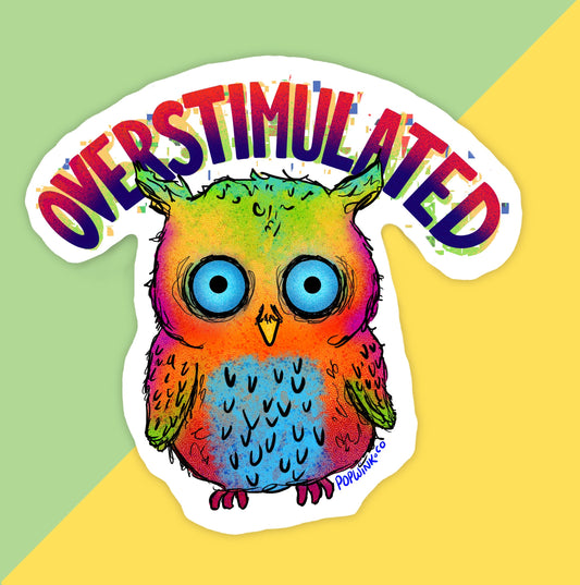 Overstimulated owl sticker, cute funny colorful