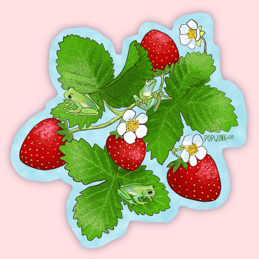 Strawberries and Frogs Sticker | Cute Art hand drawn fruit tree frog