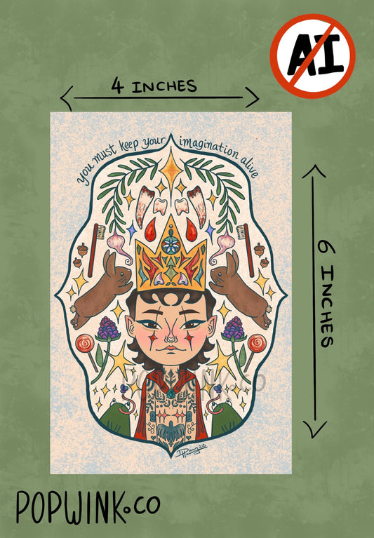 Keep Your Imagination Alive 4x6 Print transmasc, whimsical, rabbit, bunny, frog, cute illustration