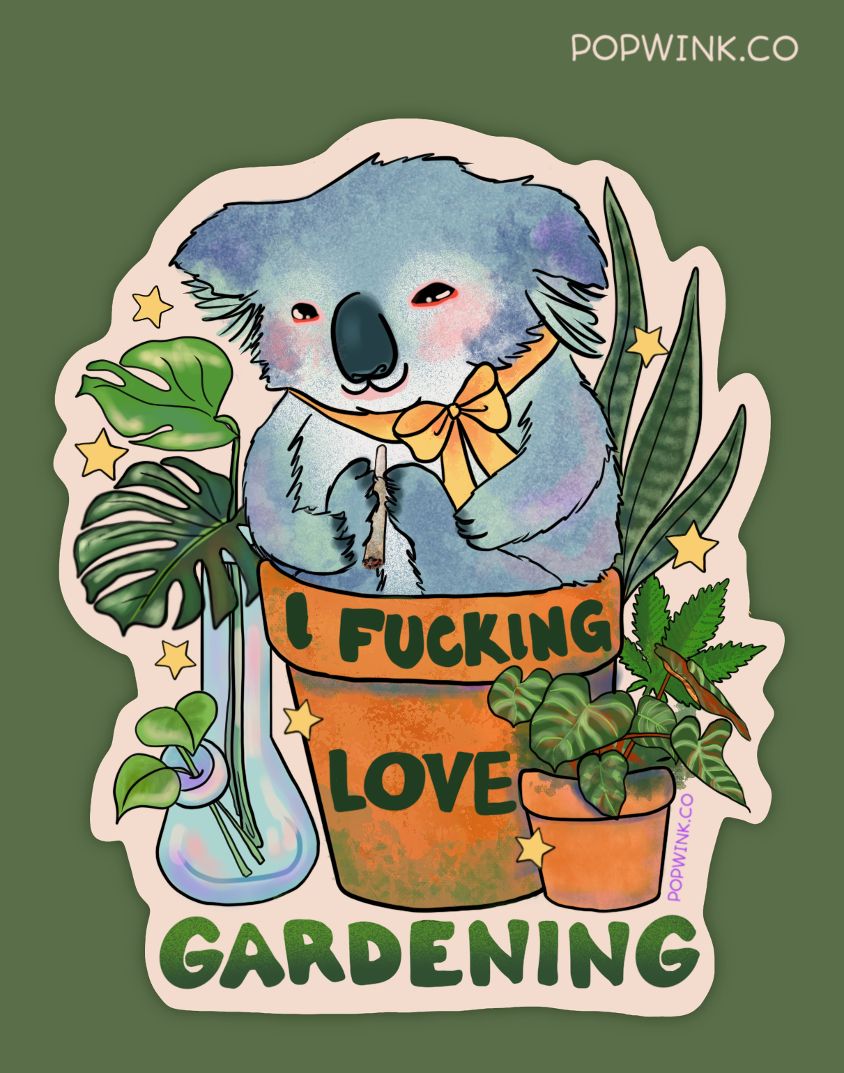 Gardening Koala Sticker, 420 funny cute houseplant